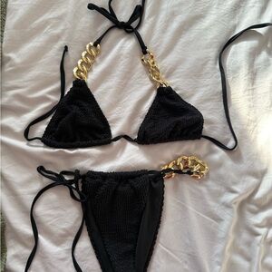 Black Bikini with Gold Chain Accents